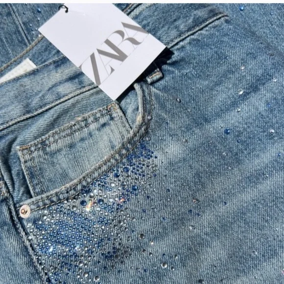 Zara NWT ripped wide leg rhinestone sequin jeans 6688/211 - Picture 7 of 9